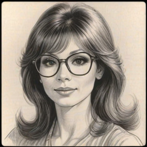 Attractive Victoria Principal, pencil sketch, portrait of Sublime woman 1976s in glasses, hair style beatnik, outline, clear lines, fine lines, 8k