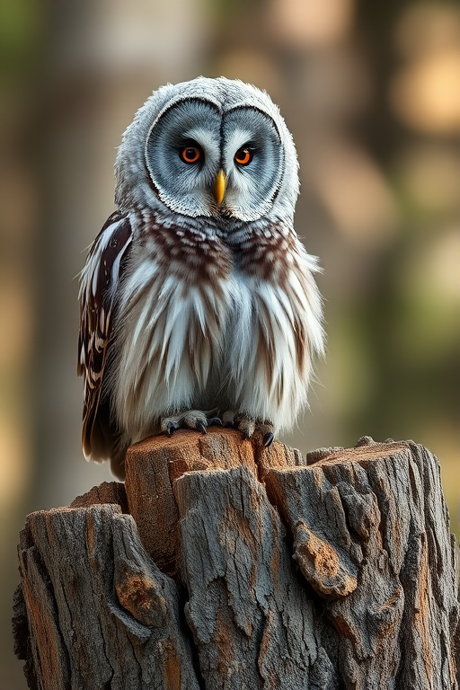 Regenerate an image of a great grey owl perched on a tree stump with intricate bark details, using a DSLR camera, f/2.8 aperture, ISO 400, 200mm focal length, capturing a shallow depth of field with natural lighting and a soft background blur.