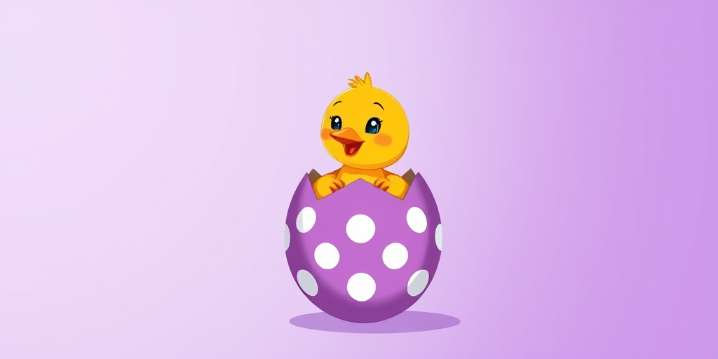 Create a vibrant cartoon image of a yellow chick hatching from a purple polka-dotted egg with a smooth gradient background, using a DSLR camera with a 50mm lens, f/2.8 aperture, ISO 100, and soft lighting to enhance the colors and detail.