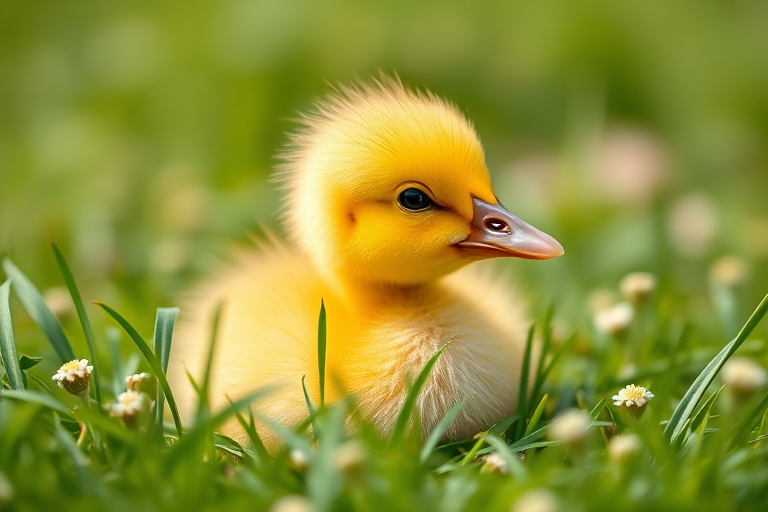 a fluffy yellow duckling nestled in green grass with small white flowers, captured in soft natural light, shallow depth of field, aperture f/2.8, shutter speed 1/200s, ISO 100, macro lens, DSLR camera, vibrant colors and sharp details