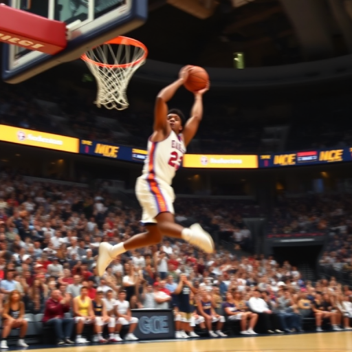 Blurry action shot of a basketball player mid-air, going for a slam dunk, soft focus on the cheering crowd in the background, with the excitement of the game filling the air.