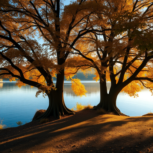 Capture a serene lakeside scene framed by two large trees with golden autumn leaves, using a Canon EOS R5, 35mm lens, f/8 aperture, ISO 100, 1/125 sec exposure, early morning light for warm tones and enhanced reflection on the water.