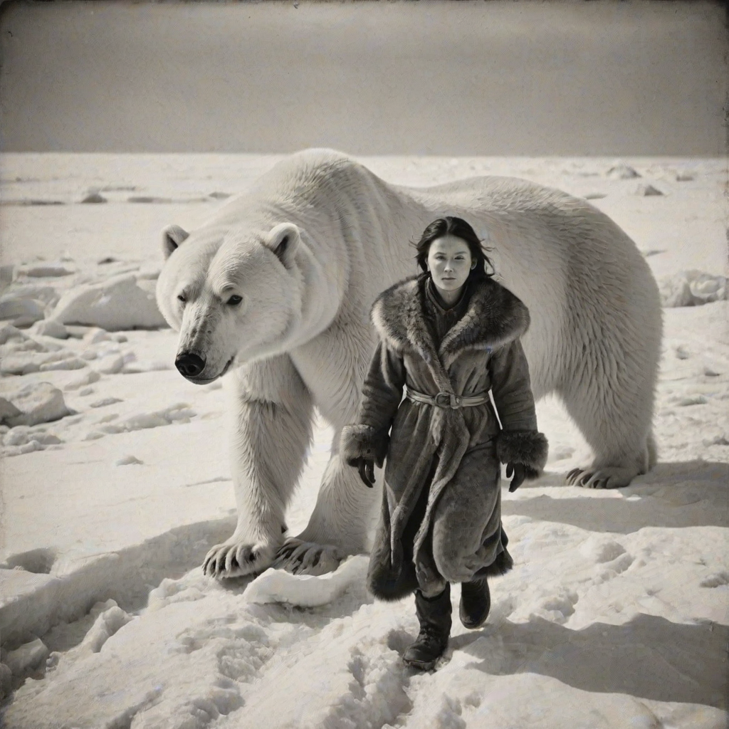 A very old photograph in black and white. The photo is badly damaged, faded, with scratches, tears, smudges and dirt. The photo is ultra-realistic and very detailed. It's a picture of an Arctic warrior. She is walking serenely towards the camera. At her side walks a majestic polar bear. Its fur shines in the sunlight. Snow, ice, sea. wind. snow in the air.