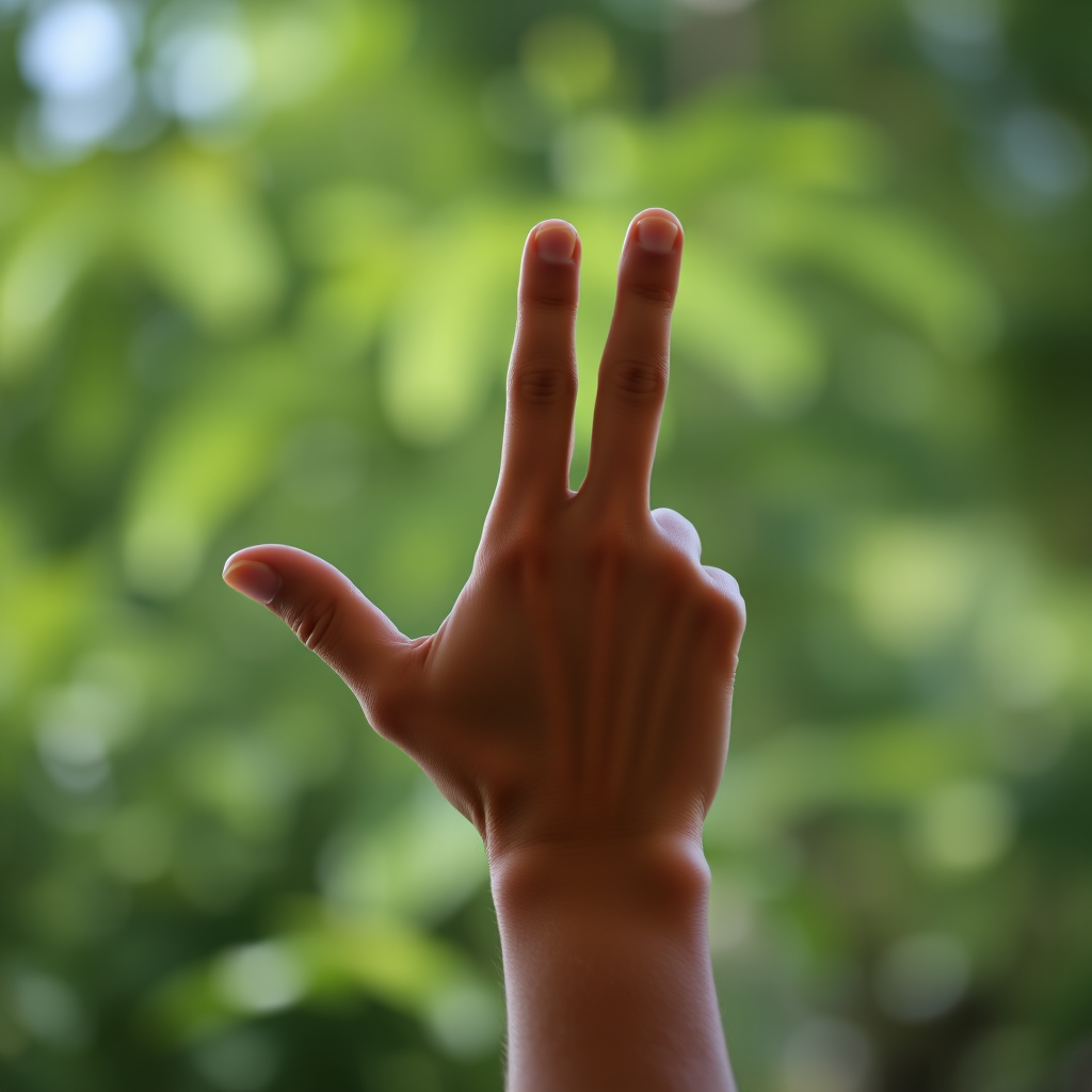 Create a high-quality image of a raised hand gesture symbolizing "one moment," using a DSLR camera, aperture f/2.8, ISO 100, 50mm lens, natural lighting, and a slight vignette for emphasis.