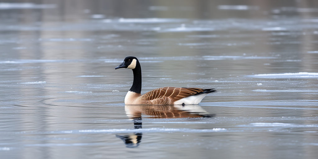 A Canada goose swimming on a frozen lake, with clear reflections on the water, soft natural lighting, aperture f/4, shutter speed 1/200s, ISO 200, 50mm lens, DSLR camera, landscape orientation.