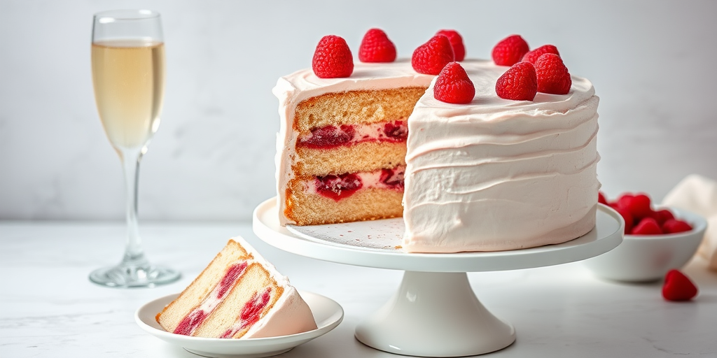 Create an image of a multi-layered white cake with raspberry filling and frosting on top decorated with fresh raspberries the cake should be displayed on a white cake stand with a slice of the cake on a plate beside it a glass of sparkling drink should be in the background alongside a small bowl of raspberries