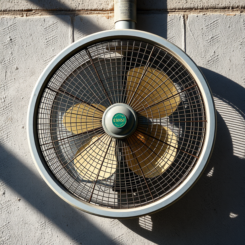 high-resolution image of an industrial fan mounted on a wall with detailed textures and shadows, captured with a DSLR camera at f/8 aperture, 1/125 shutter speed, ISO 200, 50mm lens, natural lighting, centered composition, sharp focus