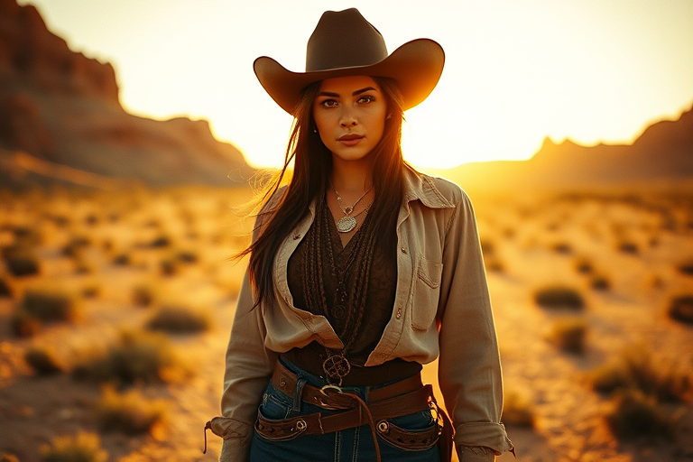 Dramatic photo of a beautiful taino woman, classic cowboy attire, confident and free spirit expression, half-length portrait, centered, golden hour desert landscape, warm, diffused light, low angle, medium format film camera, in style of Annie Leibovitz.