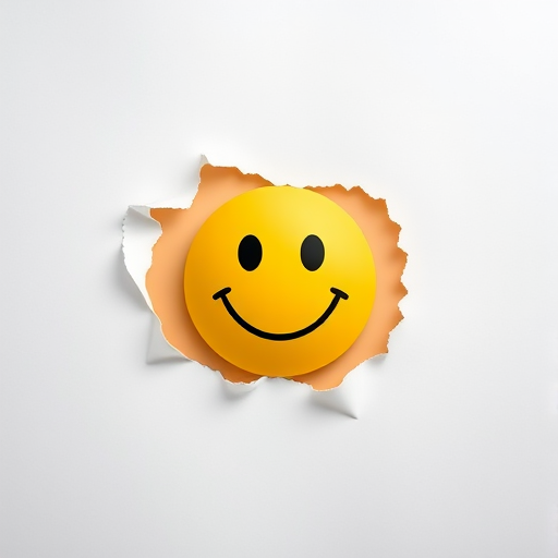 Create an image of a smiling yellow happy face peeking through a torn piece of white paper, high-resolution, 50mm lens, aperture f/2.8, ISO 100, shallow depth of field, soft diffuse lighting, captured with a DSLR camera.