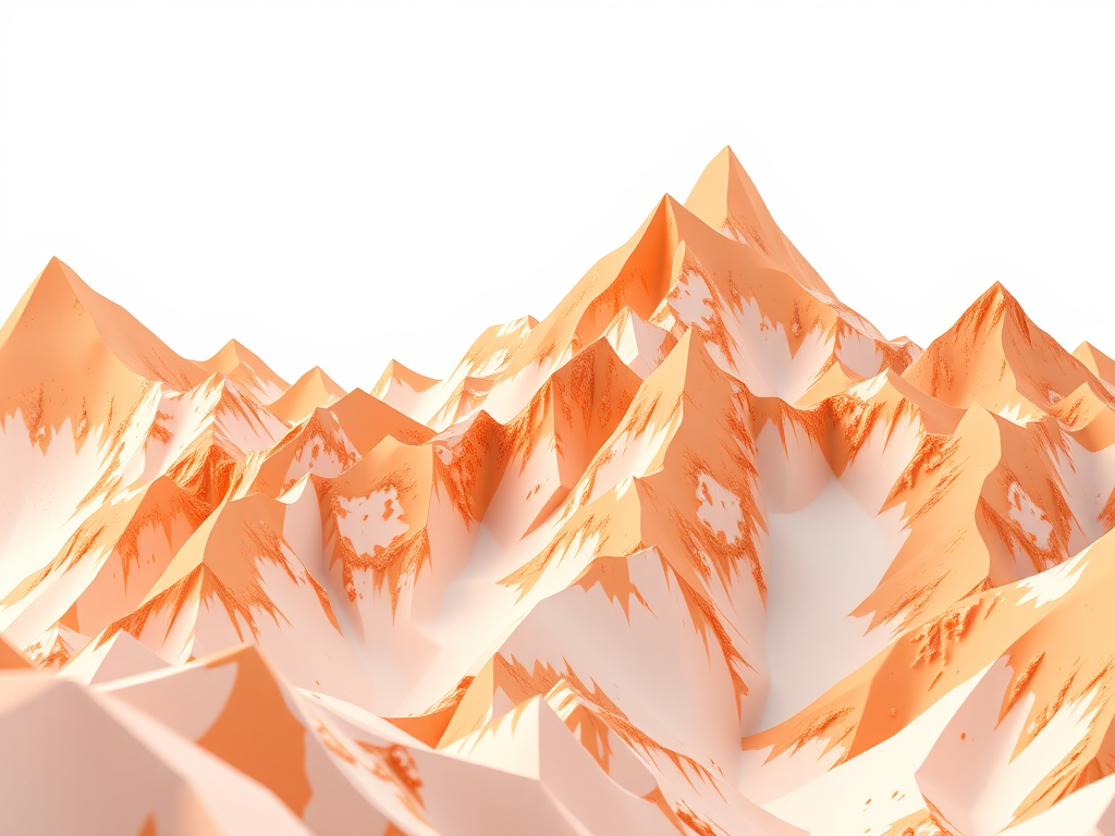 Generate a high-resolution 3D rendering of abstract orange and white triangular mountain peaks with soft lighting, using a Canon EOS 5D Mark IV, 50mm f/1.8 lens, ISO 100, f/8 aperture, and a low-angle shot to emphasize depth and texture.