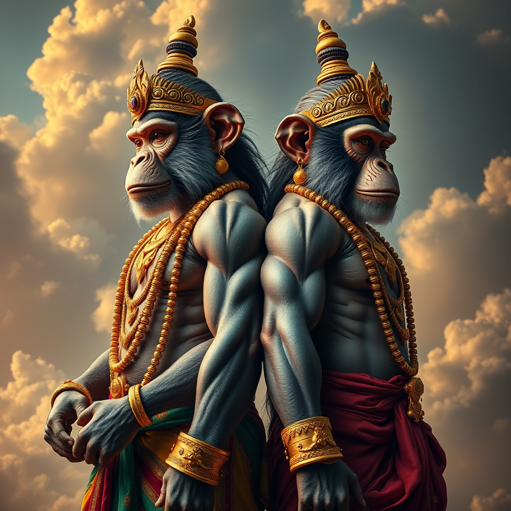 Create a high-resolution fantasy artwork of two muscular, heroic monkey deities standing back to back, adorned with intricate gold jewelry and colorful garments, in a dramatic cloud-filled background with dynamic lighting; use a Canon EOS R5 with an 85mm f/1.2 lens at ISO 100, aperture f/2.8, and a shutter speed of 1/200s, utilizing a cinematic style to capture vivid details and textures.