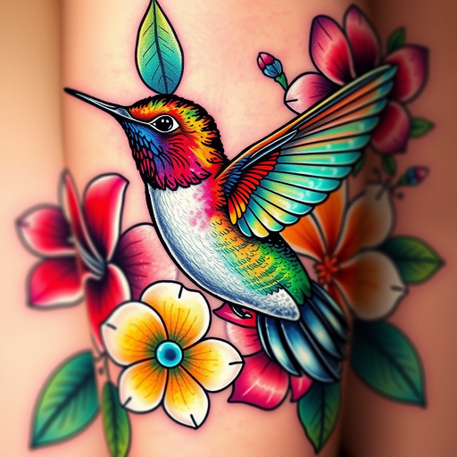 Colorful realism tattoo "Nature's Palette" portraying a vivid hummingbird in flight, surrounded by exotic flowers in a spectrum of lifelike colors and photorealistic detail