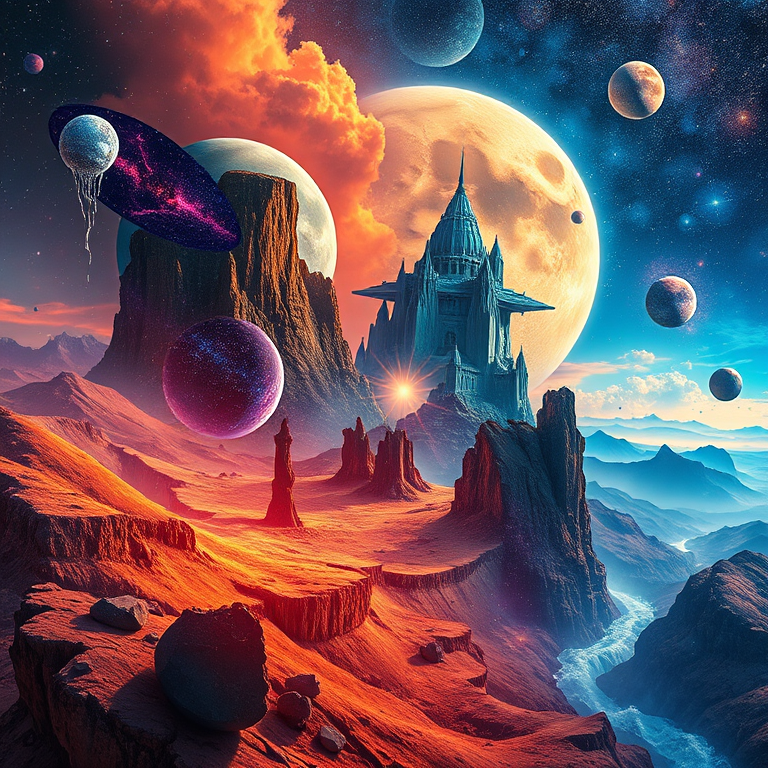 Create a vibrant digital collage featuring surreal landscapes and celestial bodies, with an emphasis on rich colors and intricate details, using a wide-angle lens at f/11, ISO 100, 1/125s shutter speed, in a studio setting with soft diffused lighting.