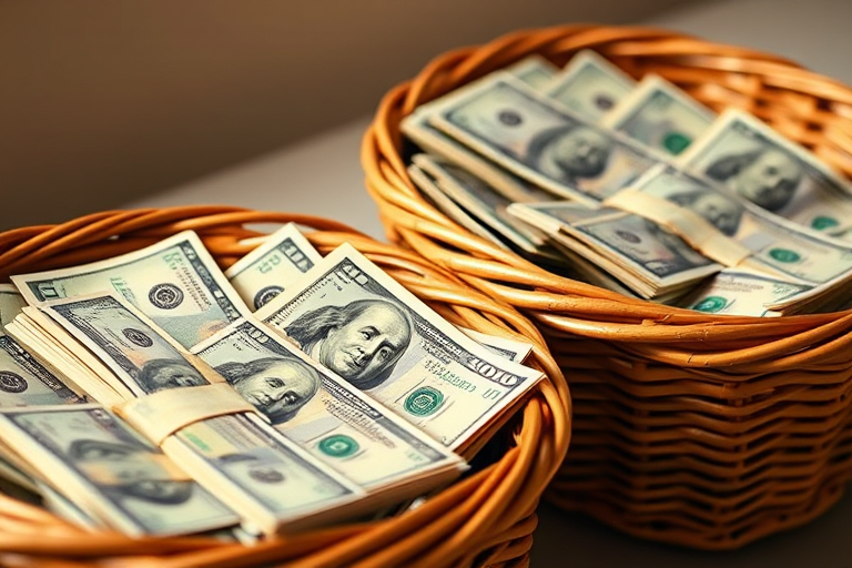 A close-up image of three wicker baskets filled with stacks of hundred-dollar bills, illuminated with soft, warm lighting, taken with a DSLR camera at f/2.8, 1/60 sec, ISO 100, shot from a slightly elevated angle in a studio setting to enhance texture and detail.