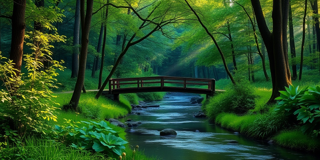 lush green forest with a serene river and a wooden bridge, soft morning light filtering through the trees, f/2.8, 24mm lens, ISO 100, tripod-mounted for stability