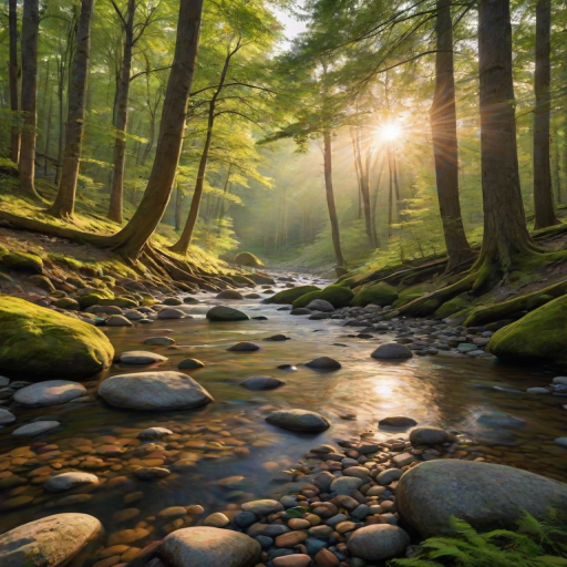 Create an image of a serene, sunlit forest scene with a clear, gently flowing river. Tall trees with lush green foliage line both sides of the river, their leaves bathed in the warm golden light of the setting or rising sun. The sunlight filters through the trees, casting soft, dappled light on the river, which flows over smooth rocks and pebbles, creating a peaceful, natural atmosphere. The sky is bright with a few scattered clouds, and the overall mood is tranquil, evoking a deep sense of connection with nature. The image captures the beauty of a calm, pristine forest landscape at either dawn or dusk.