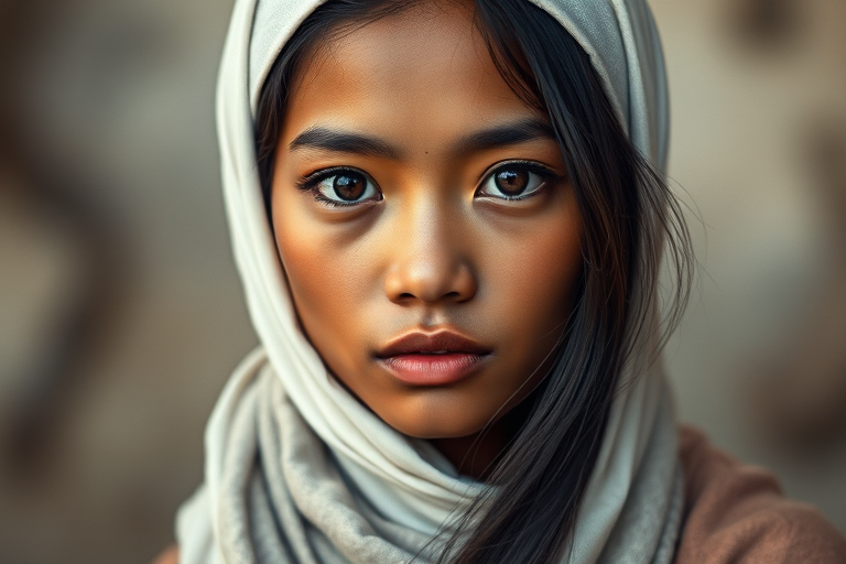 Create a portrait of a young Cambodian woman with long, dark hair and captivating hazel eyes. She is wearing a white headscarf and a matching scarf draped gracefully around her neck. The background is softly blurred, focusing attention on her serene and natural expression. The overall color palette is muted and warm, enhancing the intimate and authentic feel of the portrait.