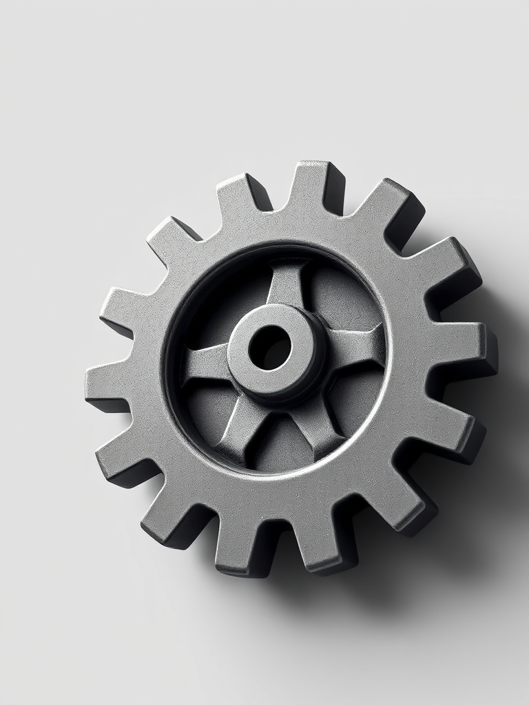 create a detailed illustration of a large gear icon set against a light grey background, with a soft shadow effect to give depth, taken with a DSLR camera at f/4 aperture, ISO 100, 1/125 shutter speed, in a macro view style to enhance the texture and details of the gear.