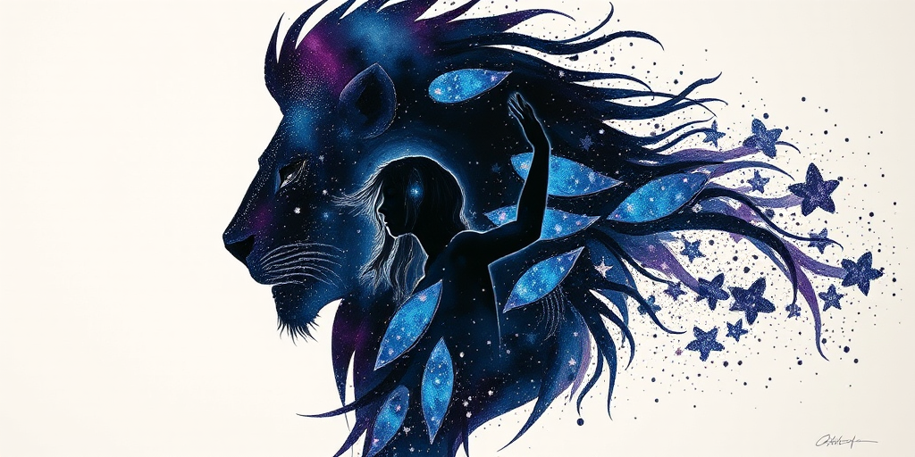 Captivating conceptual render alcohol ink art, double exposure, the paint strokes artfully merge combining a woman's full silhouette with a Joyous jellybean (fish)'s silhouette. The figures are composed of a series of colored dots, lines & spots that evoke the image of a cosmic galaxy, colors are deep shades of blue purple & black with flashes of white & silver representing distant stars. The woman's silhouette is formed within the lion's silhouette from constellations of scattered stars, surreal