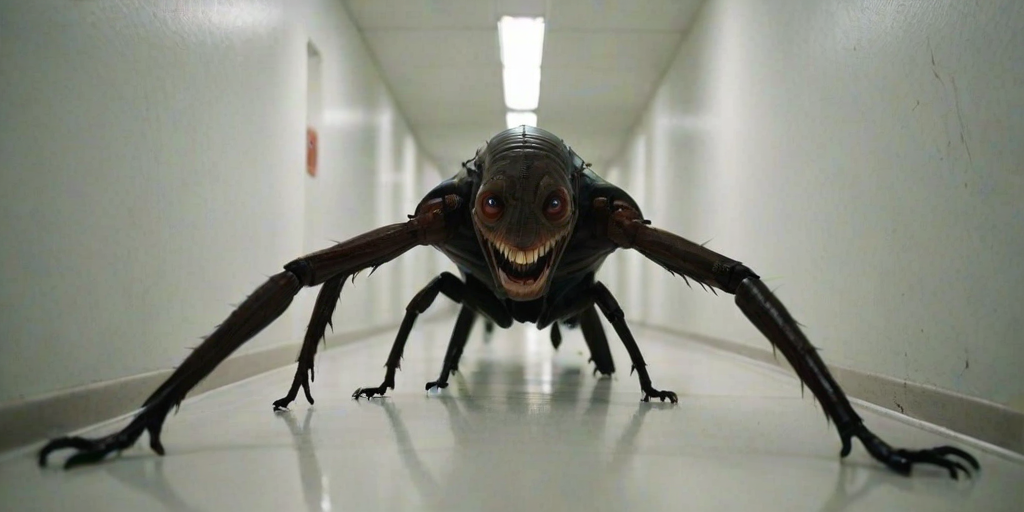 a crooked male with long arms and a creepy smile is crawling along a long white corridor and you can also see cockroaches in it there is a creepy atmosphere creepy art style