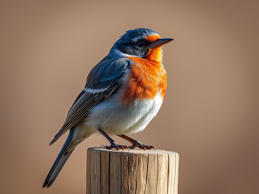 Regenerate the image of a bird perched on a wooden post with vibrant colors and details, use a Canon EOS 5D Mark IV, 50mm lens, f/2.8 aperture, ISO 200, shot in natural light, focus on sharpness and texture.