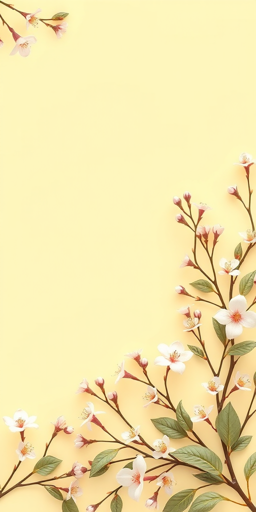 Create a seamless floral border on a light yellow background featuring delicate leaves and blossoms, capturing intricate details in high resolution, using a Canon EOS R5 with a 50mm f/1.2 lens at ISO 100, f/2.8, and a soft-focus background.