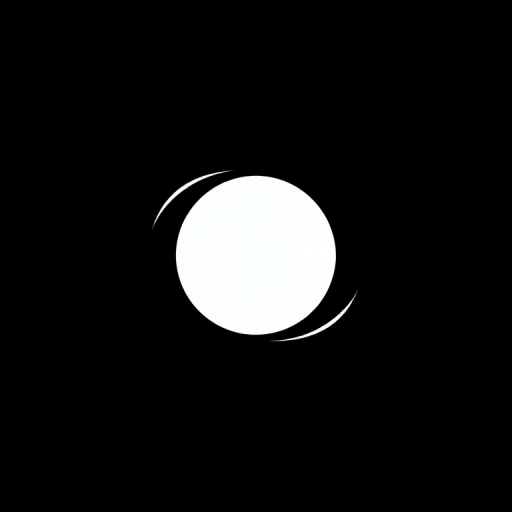 Create a high-contrast minimalist logo design featuring a central white circle with dynamic swooshes in a black background, using a Canon EOS R5 camera with a 50mm f/1.2 lens, aperture set to f/2.8, ISO 100, and a slight vignette effect for depth.