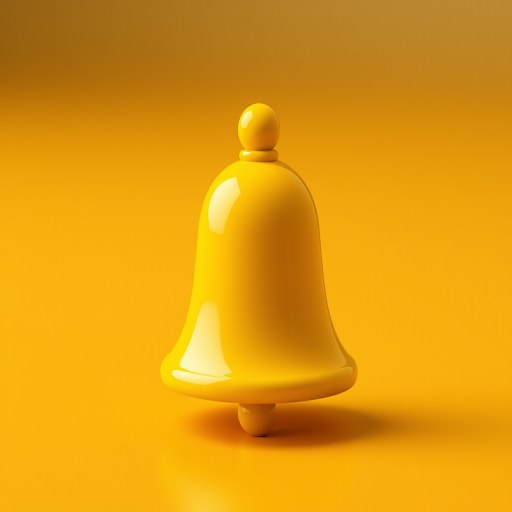 Create a vibrant, high-resolution image of a yellow bell icon with a glossy finish, using a Canon EOS R5 camera with a 50mm f/1.2 lens, aperture set to f/2.8, ISO 100, shutter speed 1/125 seconds, soft lighting, and a shallow depth of field for a professional look.