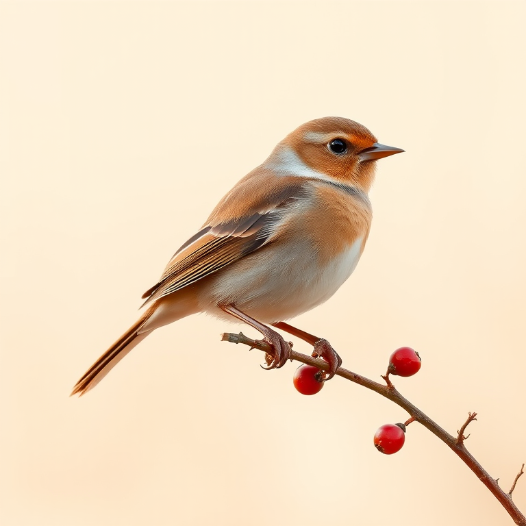 Create an illustration of a bird standing on a stem with berries, using a minimalistic style, warm color palette of browns and whites, soft background, simulating a DSLR camera effect with a shallow depth of field, focal length of 50mm, aperture f/1.8, and natural soft lighting.
