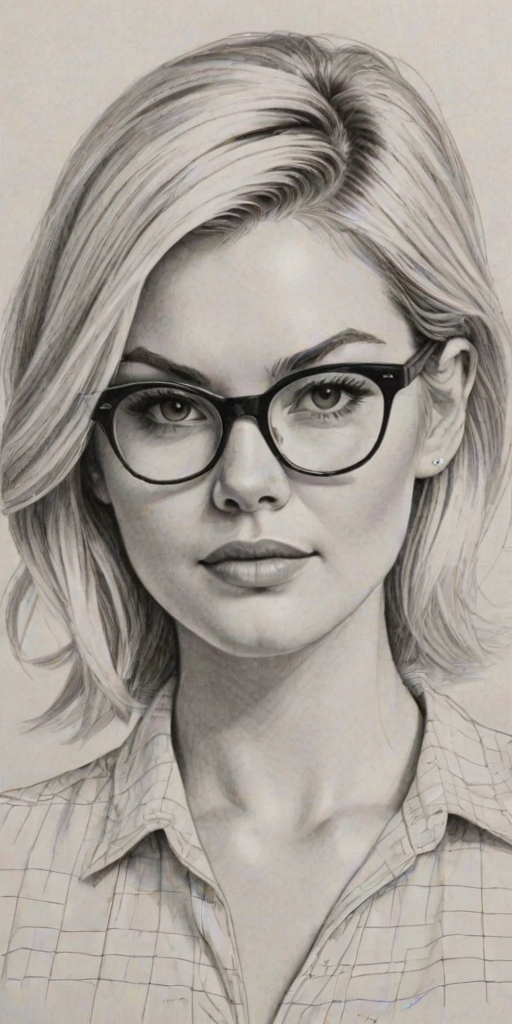 Stunning Elisha Cuthbert, pencil sketch, portrait of Resplendent woman 1964s in glasses, hair style beatnik, outline, clear lines, fine lines, 8k