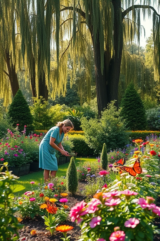 Peaceful garden scene, a woman tending to her flower beds, butterflies fluttering around, and sunlight filtering through the leaves of tall trees overhead.