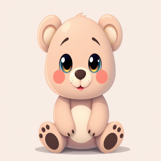 Create a cute cartoon bear character sitting upright with big shiny eyes, pastel colors, soft shadows, high-resolution 4K, 50mm lens, f/2.8 aperture, front view, digital illustration style.