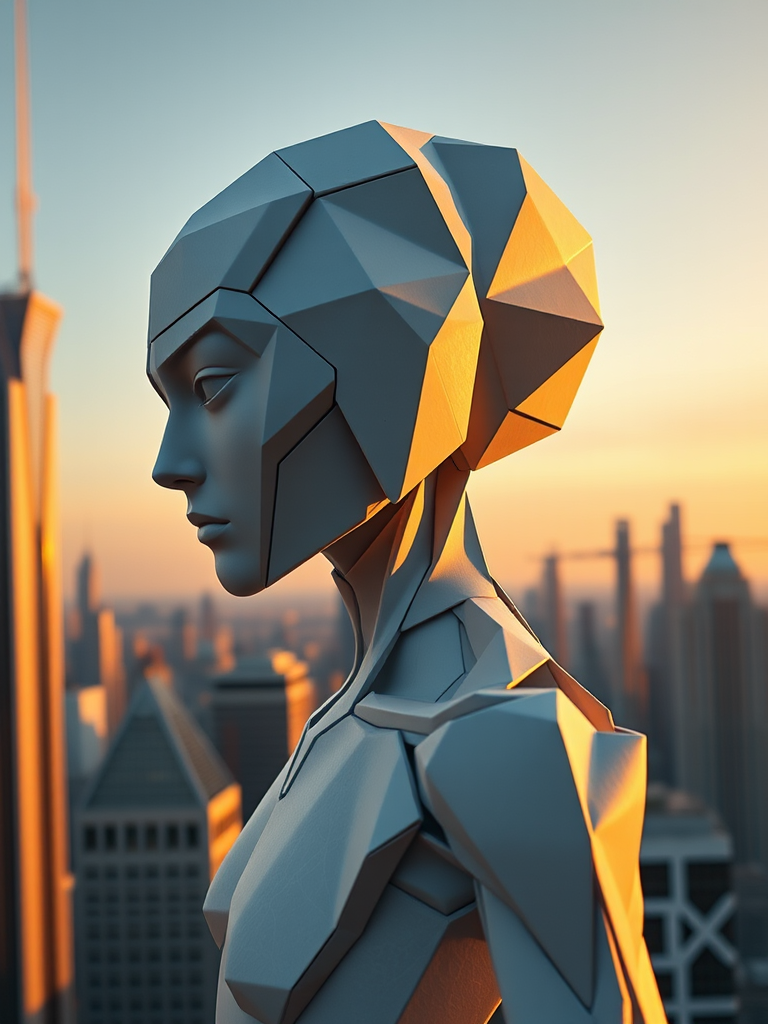 Create a highly detailed 3D render of a humanoid figure with an origami-inspired design, set against a surreal cityscape with angular architecture, at golden hour lighting, using a DSLR camera with a 50mm lens, aperture f/1.8, ISO 100, and a shallow depth of field for enhanced image quality.