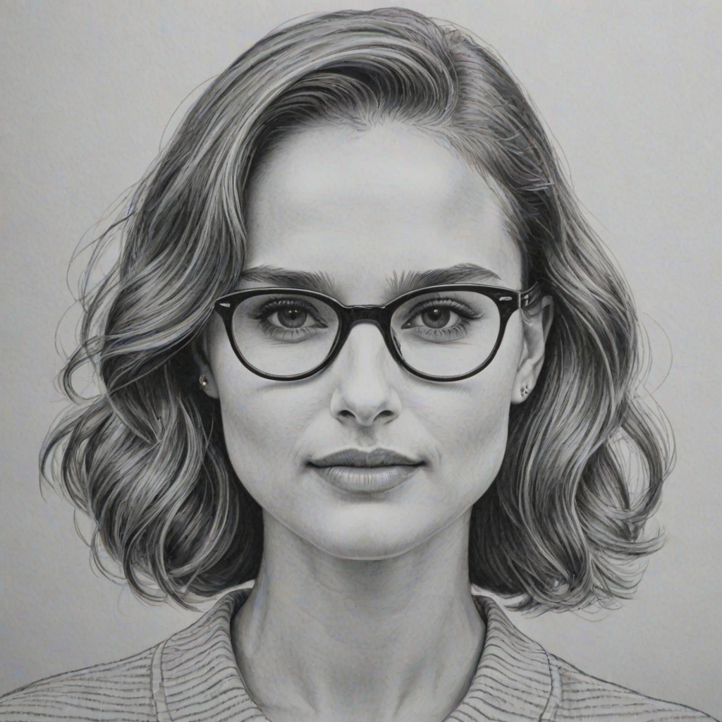 Beauteous Natalie Portman, pencil sketch, portrait of Appealing woman 1958s in glasses, hair style beatnik, outline, clear lines, fine lines, 8k