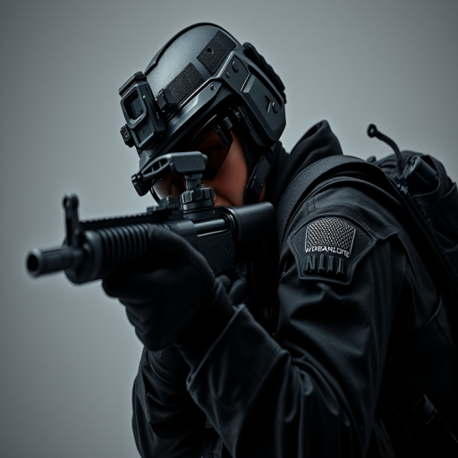 a tactical soldier in full black gear aiming a rifle in an action pose, studio lighting, sharp focus, ISO 100, aperture f/4, shutter speed 1/200s, viewed from slightly below eye level, using a DSLR camera with a 24-70mm lens for enhanced detail and clarity