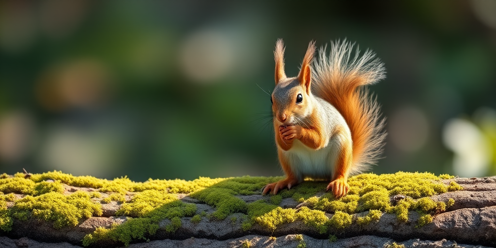 squirrel sitting on a mossy log in soft natural light, 50mm f/1.8 lens, ISO 200, shutter speed 1/200 sec, aperture priority mode, taken with a DSLR camera from eye level for a focused and detailed view