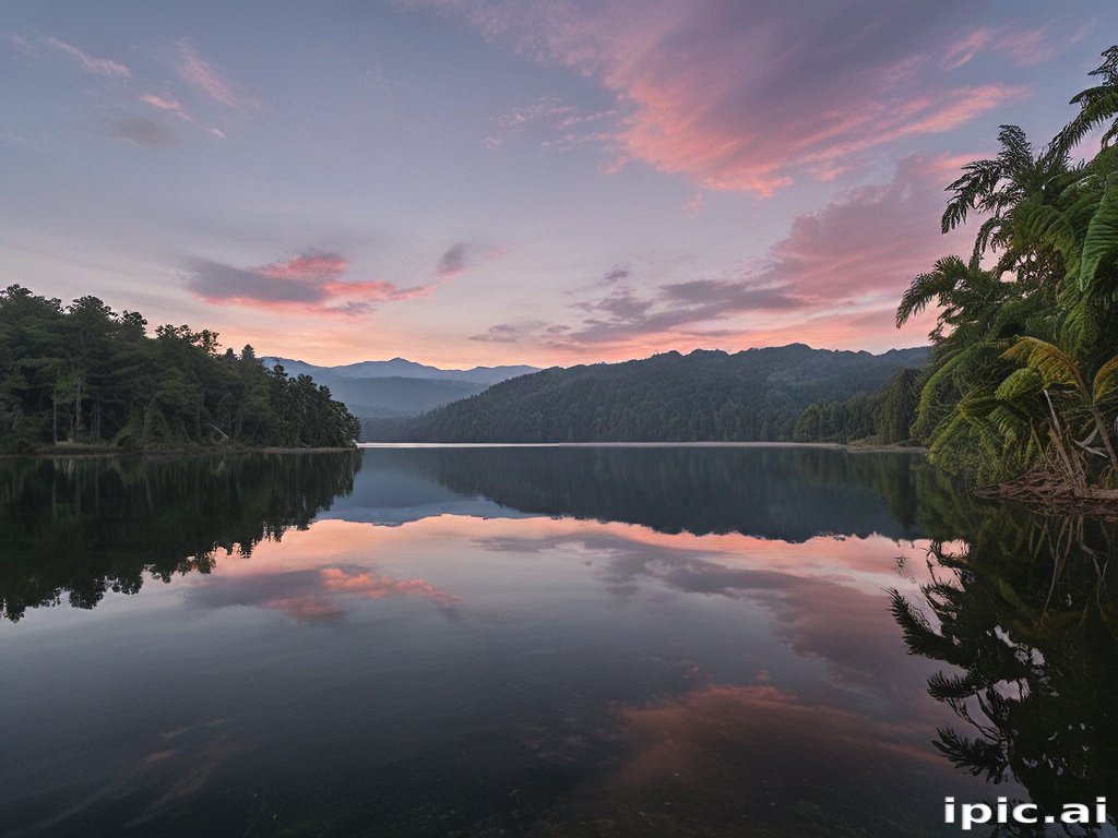 A Serene Sunrise Over a Tranquil Lake Surrounded by Lush Mountains.