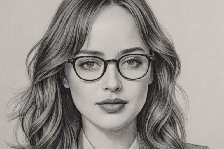 Fascinating Dakota Johnson, pencil sketch, portrait of Wonderful woman 1943s in glasses, hair style beatnik, outline, clear lines, fine lines, 8k