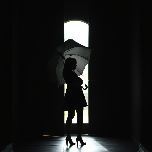 portrait of a woman standing in a doorway holding an umbrella, soft light filtering through, silhouette effect, f/1.8 aperture, ISO 200, 50mm lens, natural light, depth of field, DSLR camera, backlighting for dramatic effect