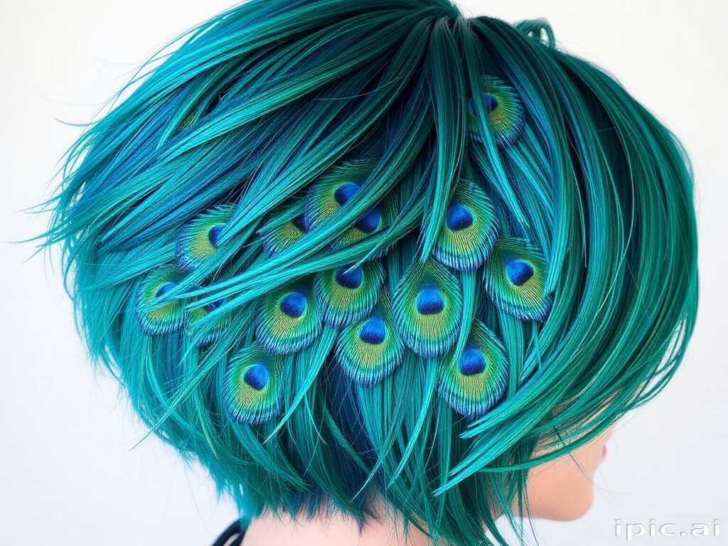 Vibrant peacock-inspired feathered bob featuring a blend of rich teals, emeralds, and sapphires with iridescent highlights throughout