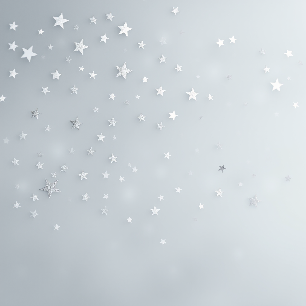 Create an ethereal background filled with varying sizes of silver and white stars on a soft gradient gray backdrop, utilizing a Canon EOS R5 with a 50mm f/1.2 lens, set to aperture f/2.8, ISO 100, and a shutter speed of 1/125s for enhanced clarity and depth.