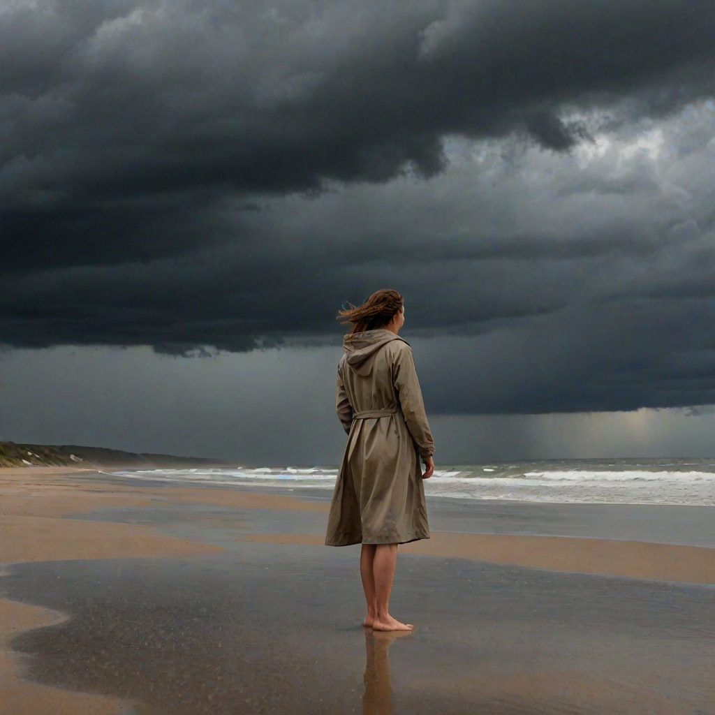 Stormy beach, with dark clouds gathering on the horizon, a woman stands barefoot in the sand, her raincoat billowing in the wind as the first drops of rain begin to fall.