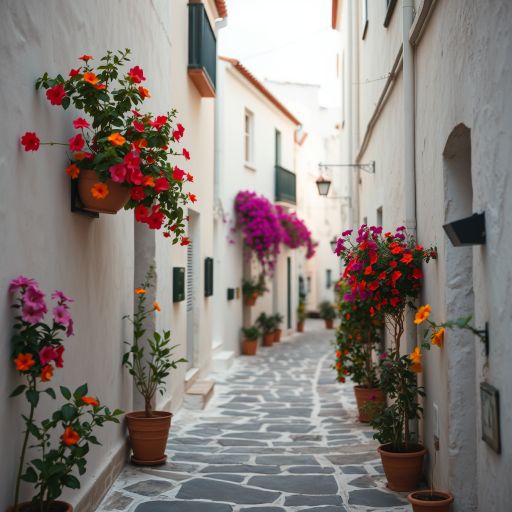 Regenerate an image of a narrow, charming alleyway with whitewashed buildings and colorful flowers, shot with a DSLR camera at f/8 aperture, ISO 100, with a 24mm lens, using natural light, emphasizing depth of field and vibrant colors against a soft focus background.