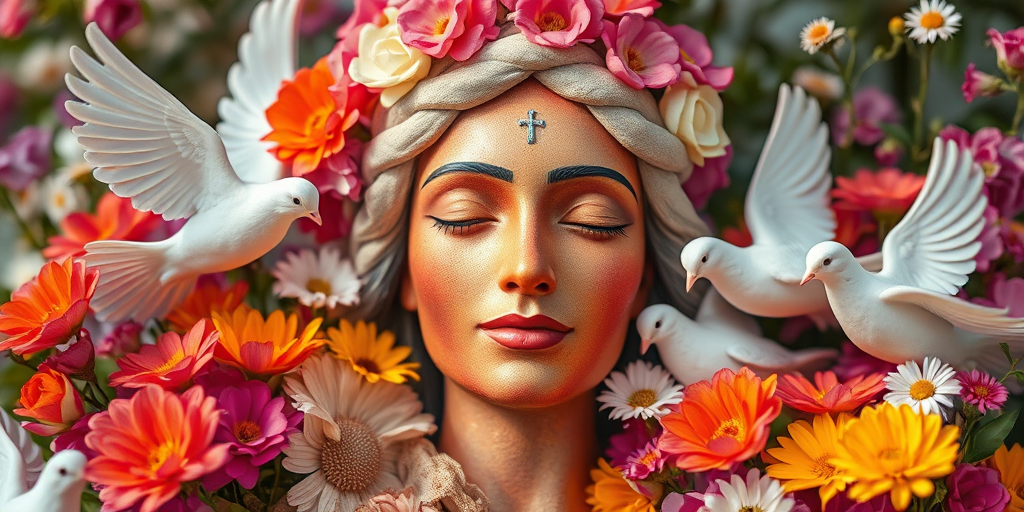 Regenerate an artistic portrait of a peace-themed figure surrounded by vibrant flowers and doves, using a DSLR camera with a 50mm lens, f/1.8 aperture, ISO 100, in natural lighting, with a slight bokeh effect for depth, and a high-resolution setting for enhanced detail.