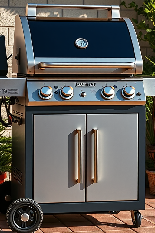 Regenerate an image of a modern gas grill with a sleek design, showing details of the control knobs, cabinet doors, and wheels, captured in high resolution with a Canon EOS R5 camera, 24mm lens, f/2.8 aperture, ISO 100, in natural daylight to enhance clarity and color vibrancy.