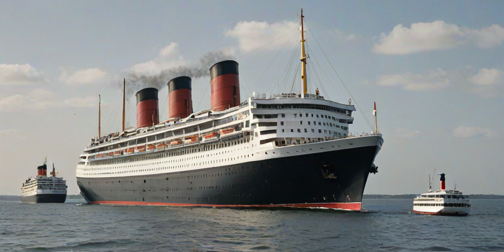 regenerate an illustration of a large ocean liner with four tall funnels, a three-deck structure, and two smaller boats alongside, featuring a black hull and a red bottom
