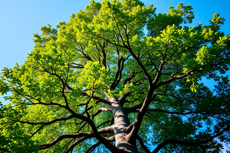 A tall tree with a dense canopy, shot with a DSLR camera at f/8 aperture, ISO 100, 50mm lens, in bright daylight with a shallow depth of field to enhance the details of the leaves against a blurred background.