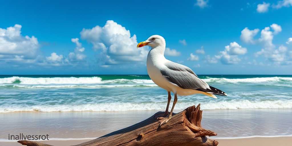 A majestic seagull perched on a driftwood log by the beach with waves gently crashing in the background, vivid blue sky with fluffy clouds, shot with a Canon EOS R5, 85mm lens, f/8, ISO 100, natural lighting, wide-angle view for enhanced detail and clarity.