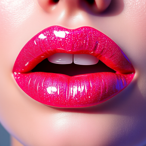 Glossy clear lips with holographic sparkle, ultra-reflective shine, plumping effect for enhanced volume, futuristic Crystal Prism Gloss style