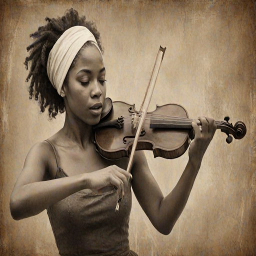 a young African American woman with a white headband playing a violin, in the style of a charcoal drawing, sepia grunge background